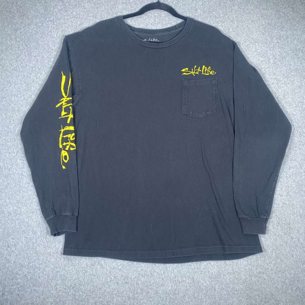 Salt Life Long Sleeve T-Shirt Mens Large Black Graphic Fish Pocket Tee